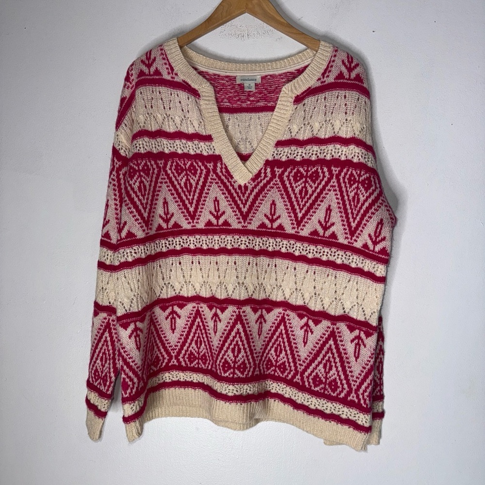 Sundance Women's Brixen Sweater Open Pointelle Stitch Hot‎ Pink/White Sz M